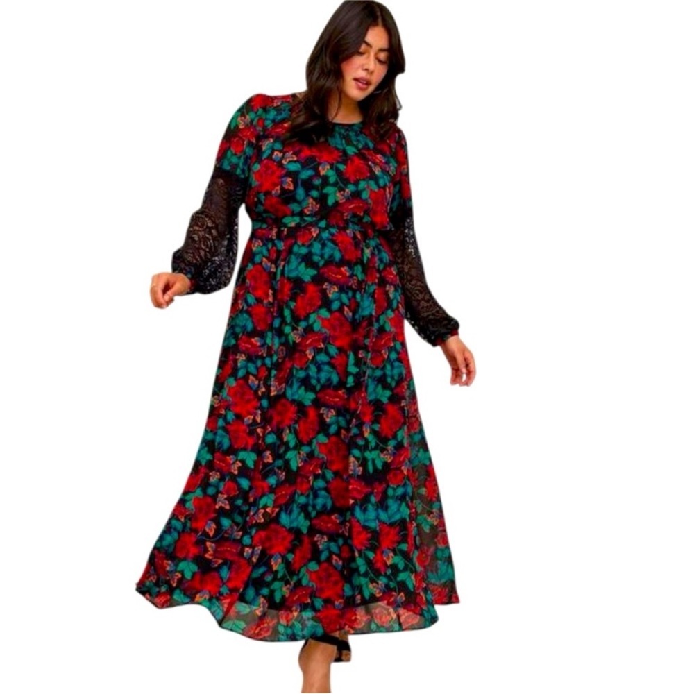 NWT Torrid Sz 2X Maxi Peasant Dress Lace Chiffon Floral Black